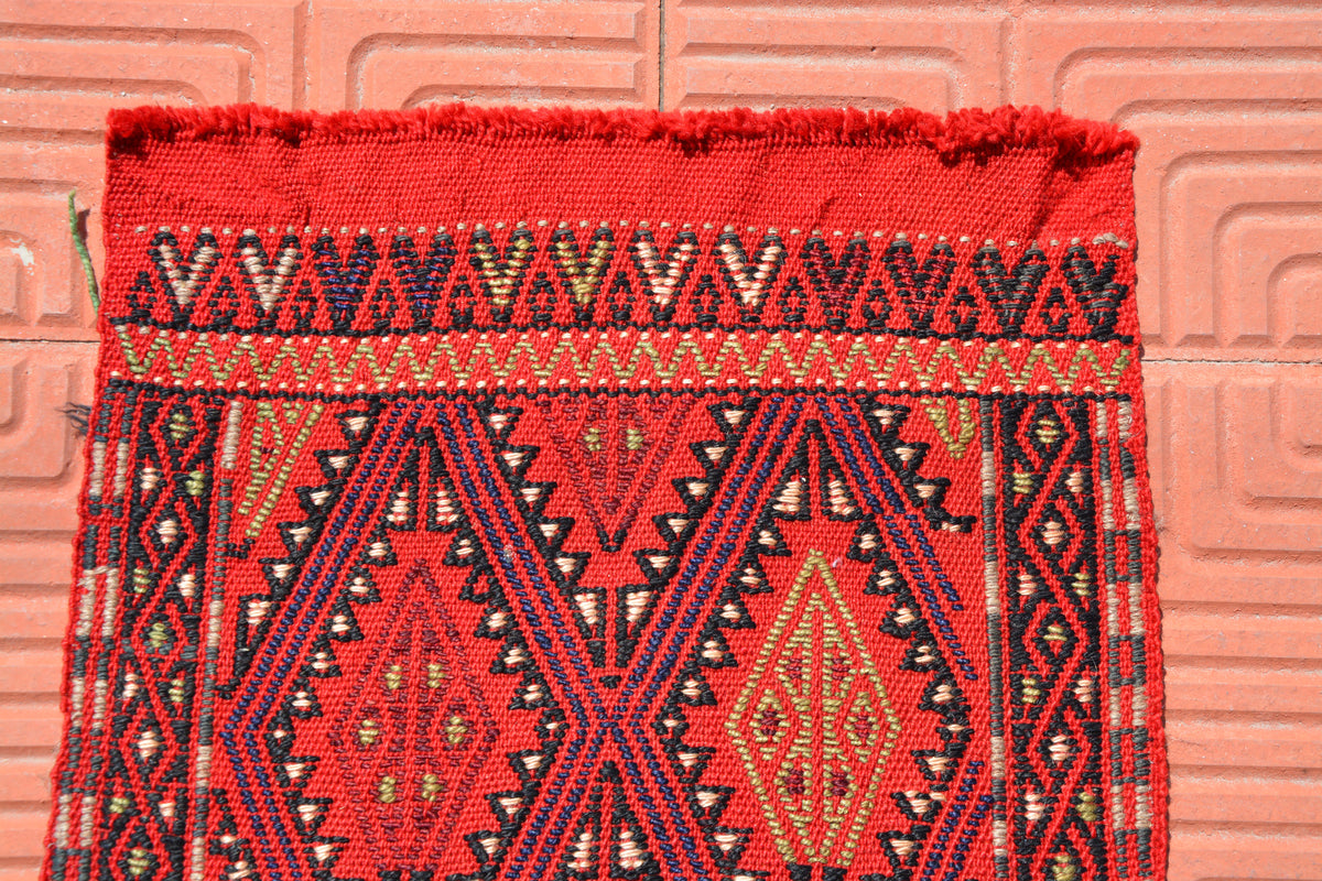 Aztec Rug, Turkish Kilim Rug, Red Rug, Oushak Runner Rug, Small Rug, Pastel Rug, Rugs For Home, Faded  Bohemian Rugs, 1.4 x 3.1 Feet AG1858