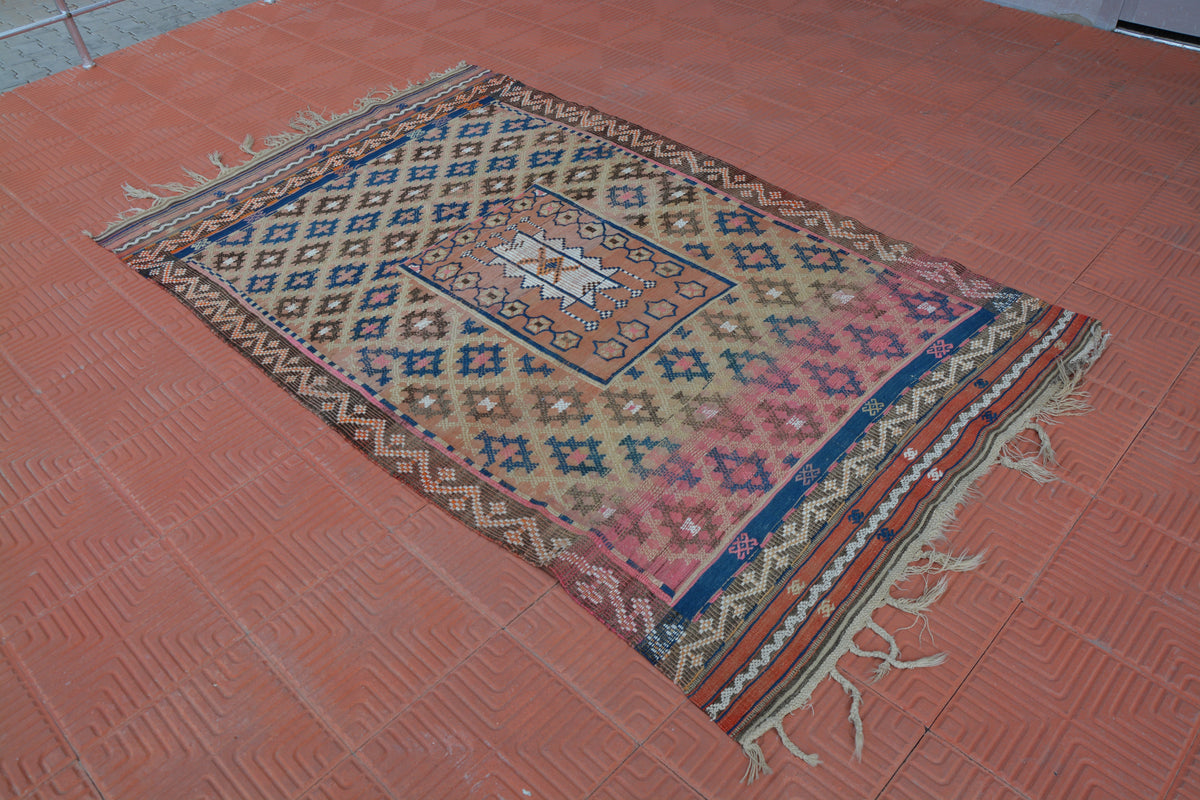 Pink Handwoven Rug, Floor Rug, Kilim Rug, Tribal Rug, Persian Rug, Decorative Rug, Anatolian Rug, Oriental Rugs, 4.2 x 7.2 Feet AG1947