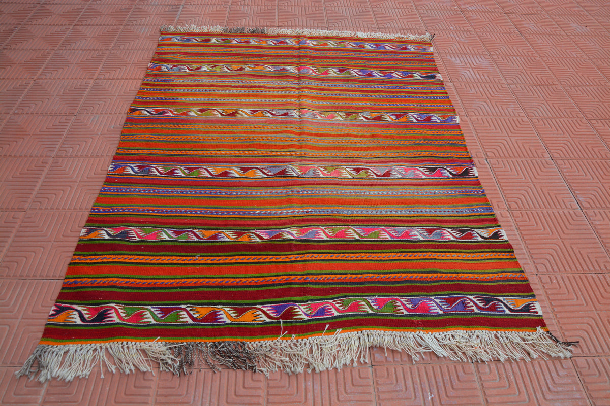 Turkish Rug, Handmade Kilim Rug, Tribal Rug Kilim, Gift Rug, Nomadic Kilim, Hand Woven Rug, Large Area Rug,     4.8 x 6.1 Feet AG1964