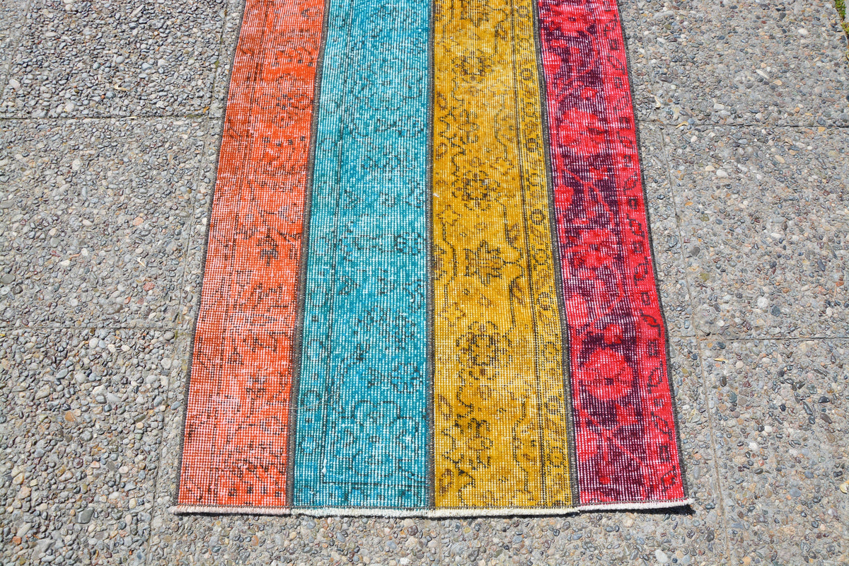 Vintage Rug, Persian Style Overdyed  Patchwork Oushak Rug, Blue Rug, Red Rug,Turkish Rug Runner, Multicolor Oushak Rug,2.3 x 6.5 Feet LQ087