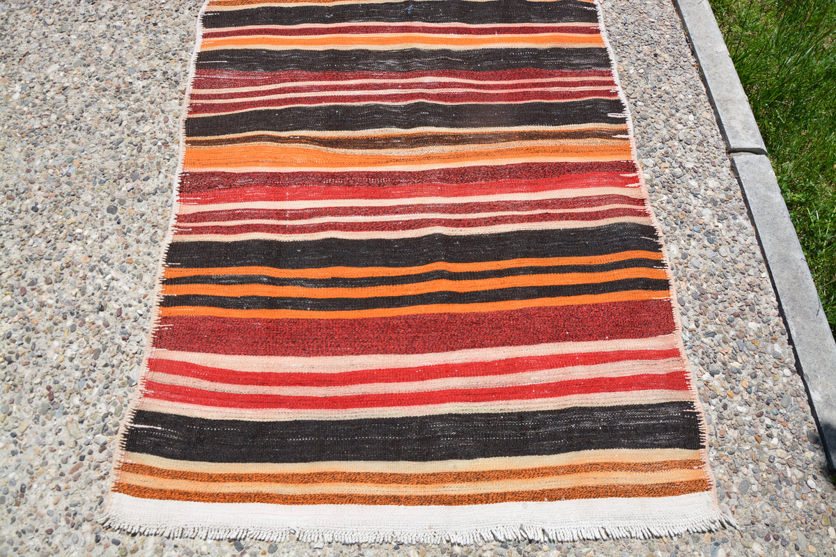 Striped Rug, Turkish Wool Rug, Orange Rug, Vintage Wool Rug, Oriental Rug, Vintage Rug, Bohemian Runner Rug, Kilim Rug, 3.3 x 9.6 Feet LQ115