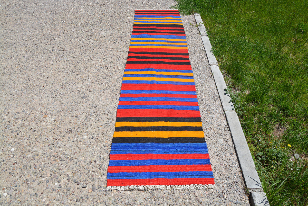 Striped Vintage Kilim Rug, Runner Saloon Rug, Floral Rug, Turkish Wool Rug, Orange Rug, Vintage Wool Rug,     2.1 x 9.8 Feet LQ386