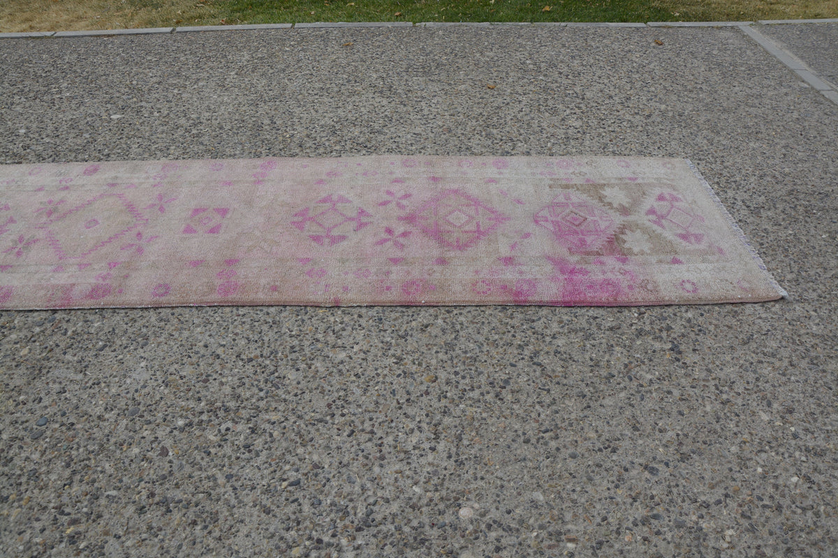 Pink Kilim Runner Rug, Wall Décor,  Turkish Rug Runner, Oushak Rug  Large Runner Herki Rug,     12.5 x 2.8 Feet LQ428
