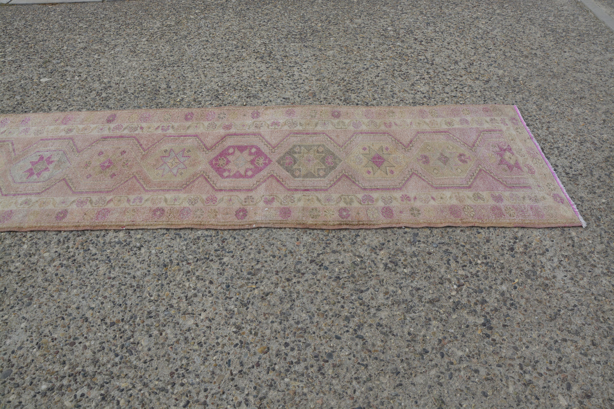 Pink Boho Runner, Vintage Handmade Rug, Blush Hand knotted Runner, 3x11 Pink Kitchen Runner,        11.7 x 2.6 Feet LQ433