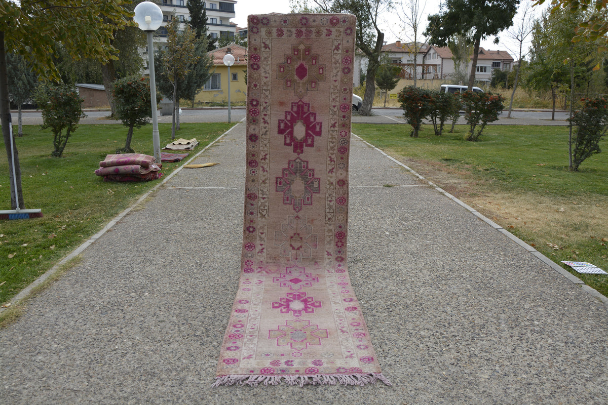 Pink Turkish Oriental Rug, Bohemian Vintage Kilim Rug, Morrocan Rug, Pink Turkish Rug, Persian Rug,          11.3 x 2.7 Feet LQ435