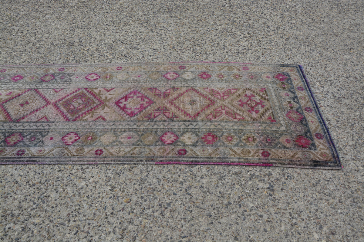 Pink Herki Turkish Rugs, Wool Rug  Persian Runner, Moroccan Pink Rug, Runner Rug Turkish,       11.8 x 3.0 Feet LQ432