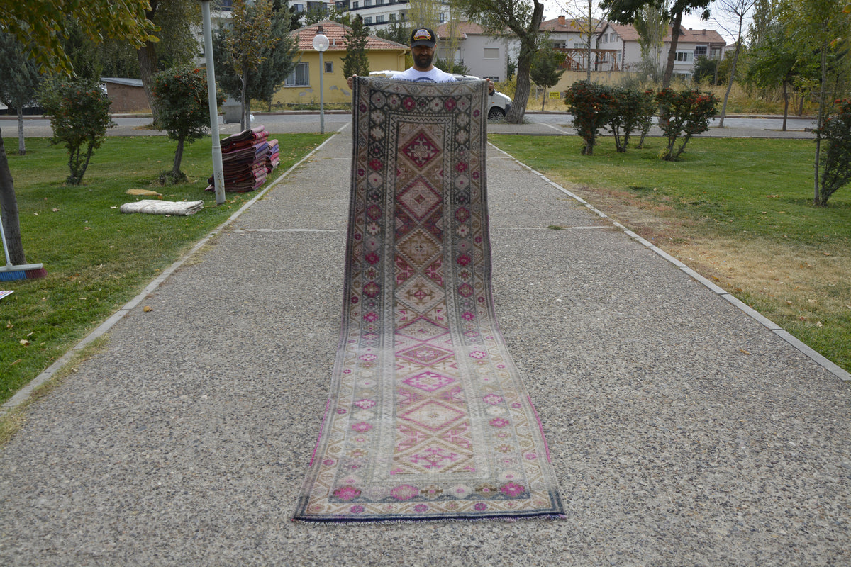 Pink Herki Turkish Rugs, Wool Rug  Persian Runner, Moroccan Pink Rug, Runner Rug Turkish,       11.8 x 3.0 Feet LQ432
