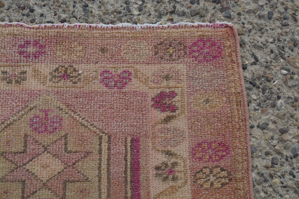 Pink Boho Runner, Vintage Handmade Rug, Blush Hand knotted Runner, 3x11 Pink Kitchen Runner,        11.7 x 2.6 Feet LQ433