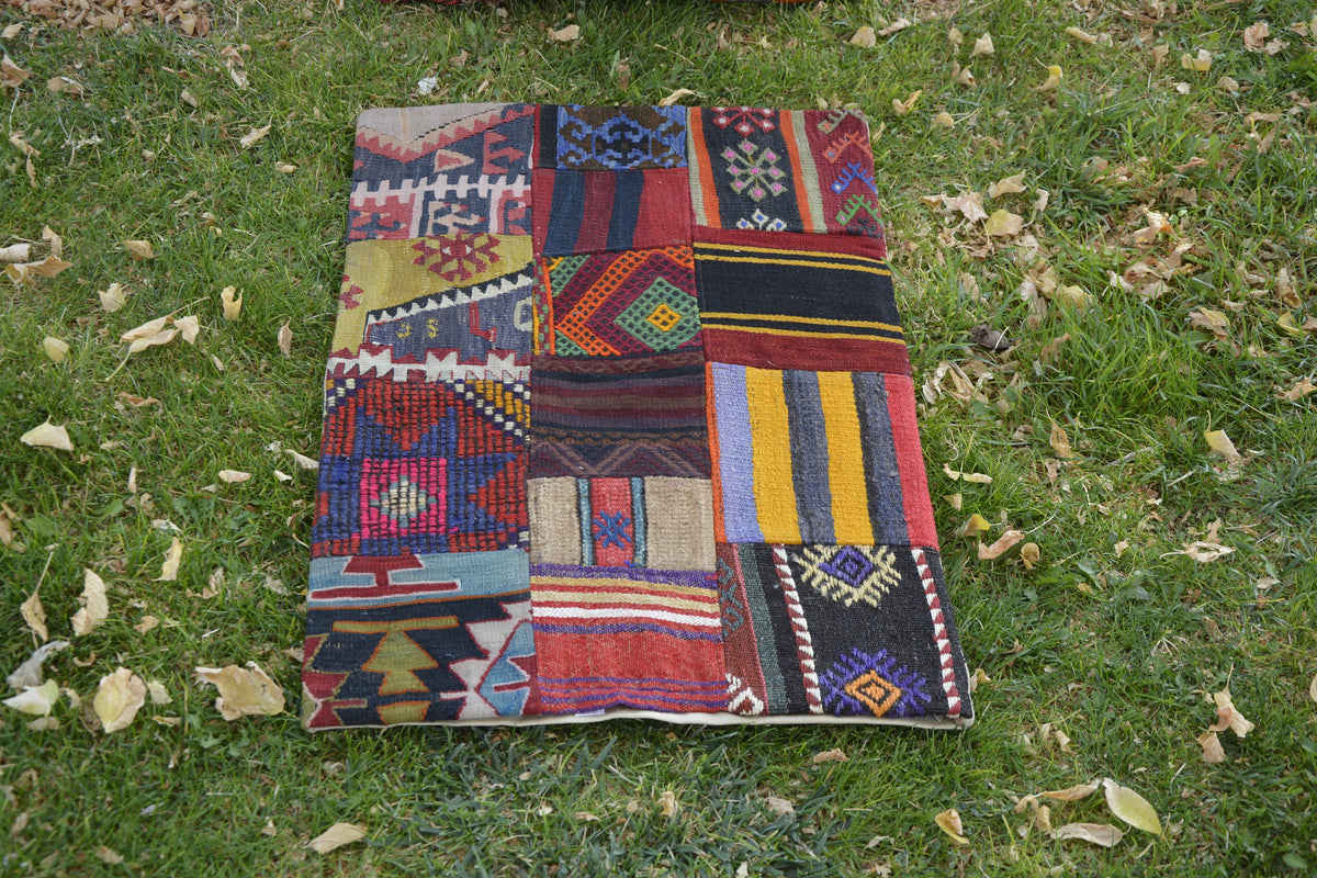 Turkish Bohemian Pouf, Large Patchwork Cushion Cover, Turkish Oriental Kilim Bag,      1.9 x 2.9 Feet LQ470